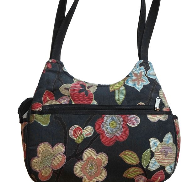 Danny K. Beverly Hills Black Floral Tapestry Shoulder Bag, Women's Handbag - Picture 4 of 9